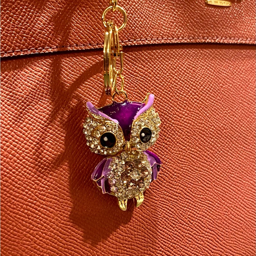 Purple Owl Crystal Bling w/ moving head Bag Charm/Key Chain